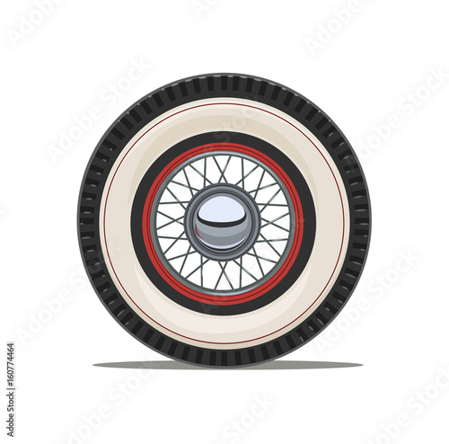 Vintage car wheel with spoke, isolated white background. Vector