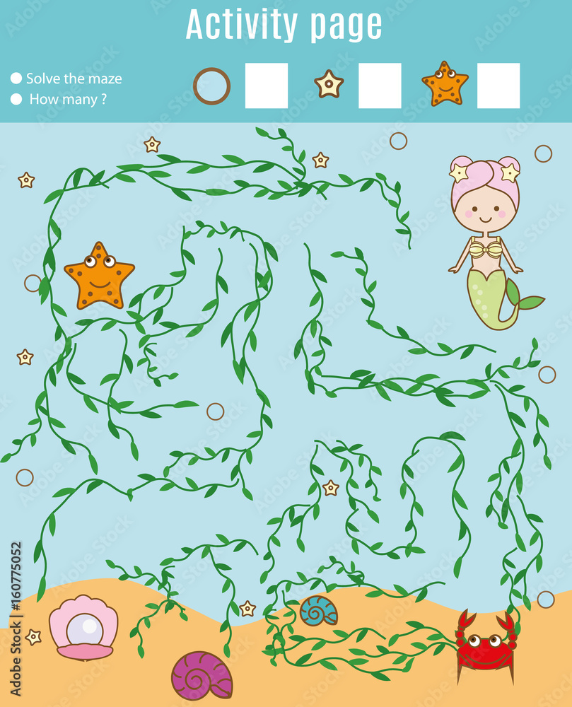 Naklejka premium Activity page for kids. Educational game. Maze and counting game. Help mermaid find pearl. Fun for preschool years children