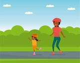 Family leisure. Family in the amusement Park. Family - mother and daughter roller skating. African American people. Vector illustration in a flat cartoon style