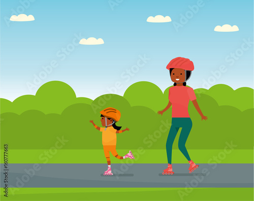 Family leisure. Family in the amusement Park. Family - mother and daughter roller skating. African American people. Vector illustration in a flat cartoon style