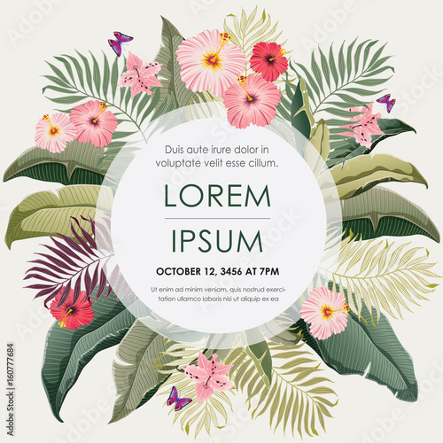  Vector illustration of a tropical frame in summer for Wedding, anniversary, birthday and party. Design for banner, poster, card, invitation and scrapbook 				