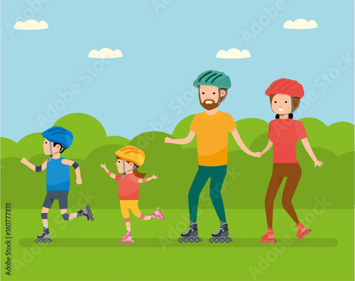 Family leisure. Family in the amusement Park Family - mom, dad, son and daughter, roller skating. Vector illustration in a flat cartoon style