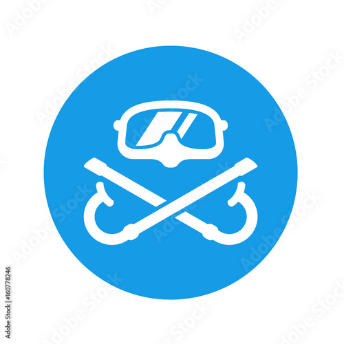 Icono plano gafas buzo y snorkels cruzados blanco en circulo azul