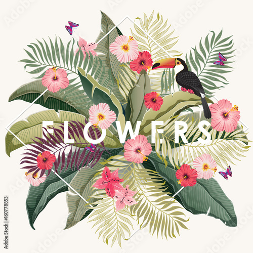  Vector illustration of a tropical frame with flowers in summer for Wedding, anniversary, birthday and party. Design for banner, poster, card, invitation and scrapbook 				