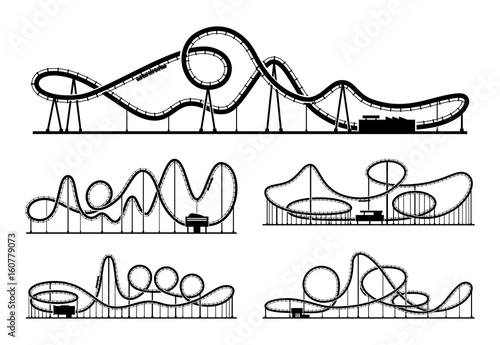 Rollercoaster vector silhouettes isolate on white background. Amusement park illustration