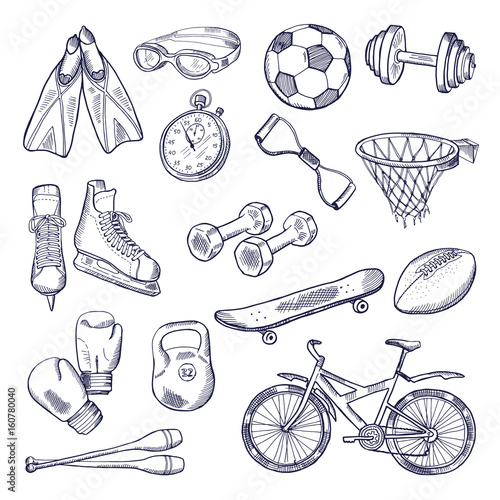 Vector doodle set of sport equipment. Hand drawn illustrations isolate on white background