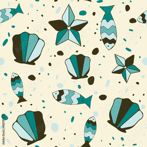 Background with cockleshells, fish and starfish