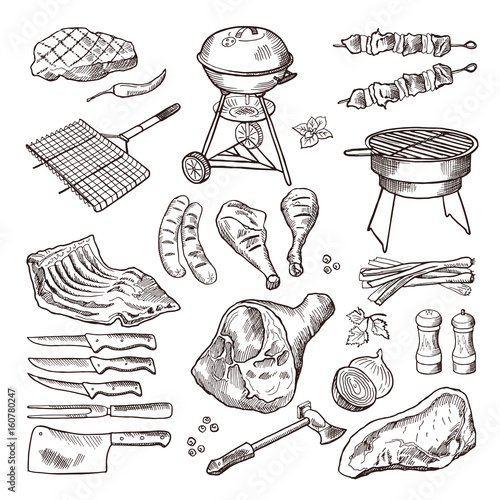 Bbq vector hand drawn illustration set. Grilled meat and other accessories for barbecue party