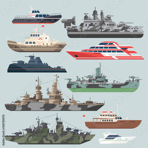 Passenger ships and battleships. Submarine destroyer in the sea. Water boats vector illustrations in flat style