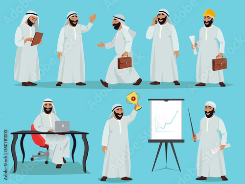 Different poses of arab businessman. Character design in flat style. Vector illustrations set