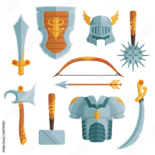 Fantasy weapons in cartoon style. Vector illustrations set