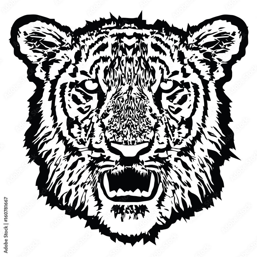 Tiger head with fangs. Black And White, isolated, vector