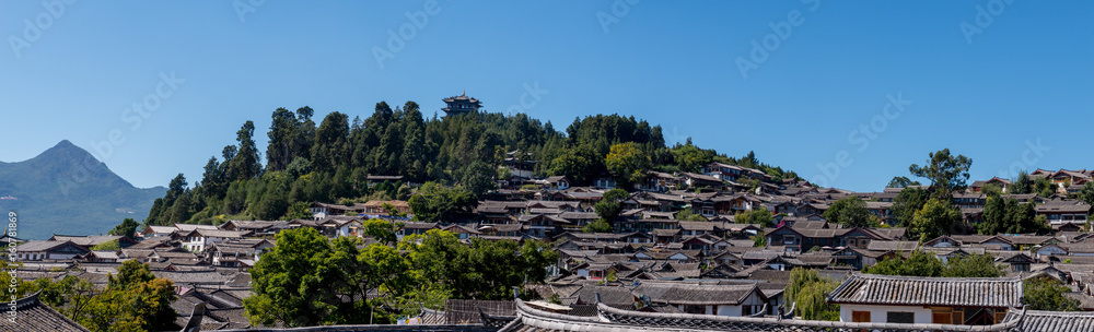 Top view of traditional roof at The Old Town of Lijiang is a UNESCO World Heritage Site located in Lijiang City, Yunnan, China.