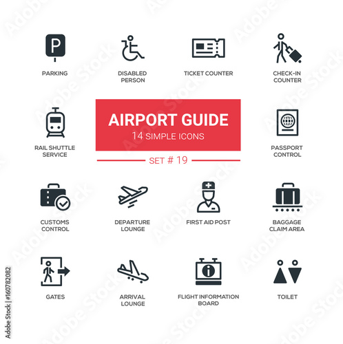 Airport guide - modern simple icons, pictograms set