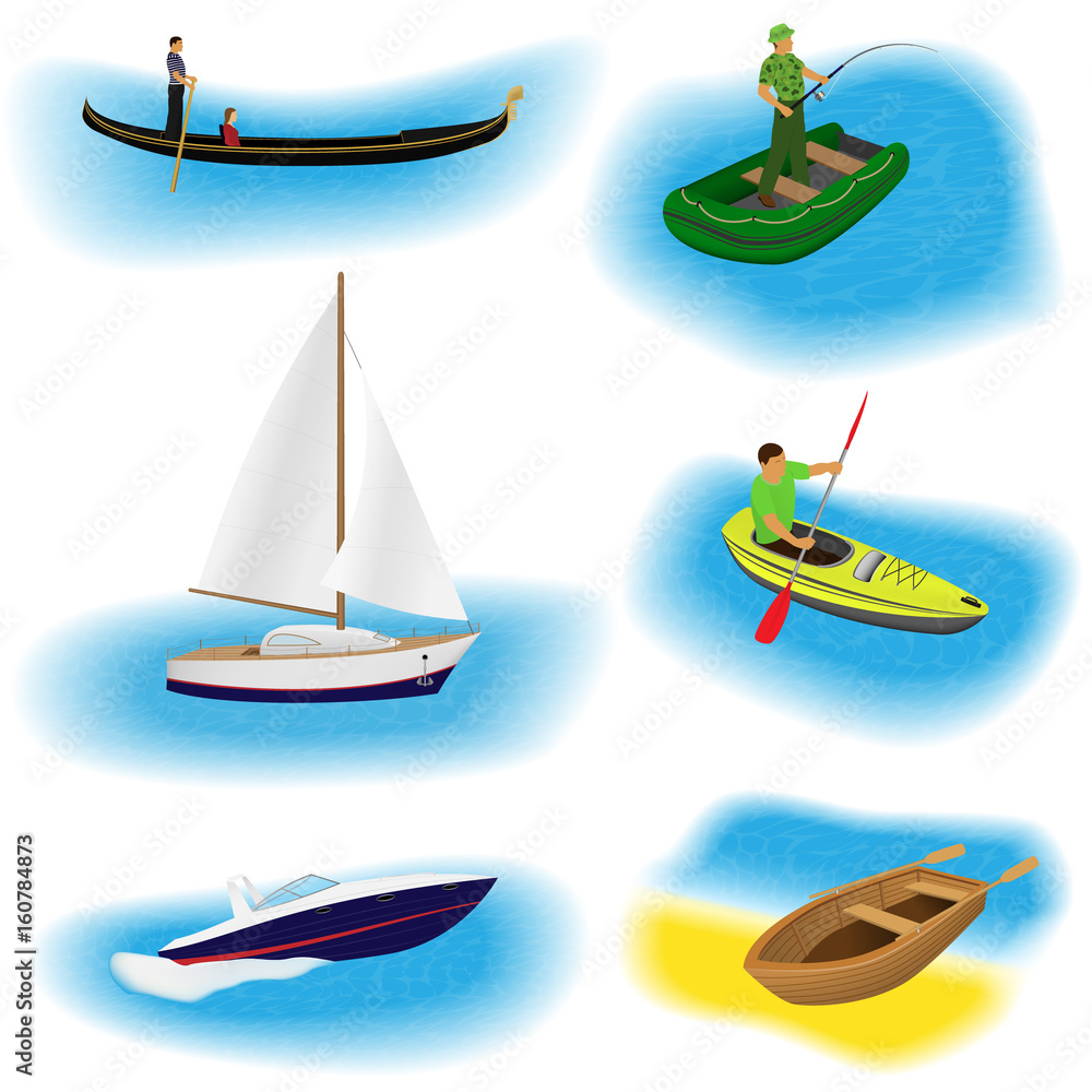Set of six different kind boats isolated on a white background. Yacht, gondola, inflatable, kayak and rowing boat. Set of six different kind boats isolated on a white background. Yacht, gondola, inflatable, kayak and rowing boat.