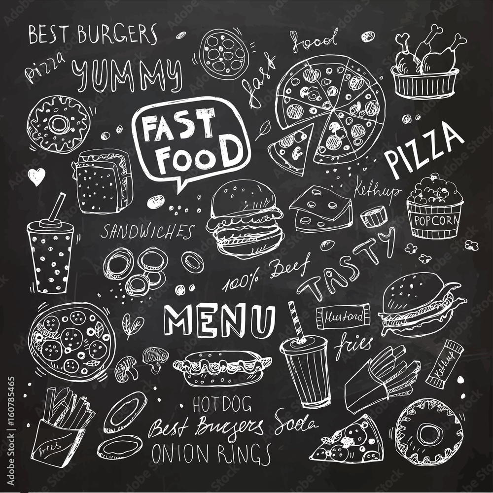 Fast food doodles. Hand drawn vector symbols and objects