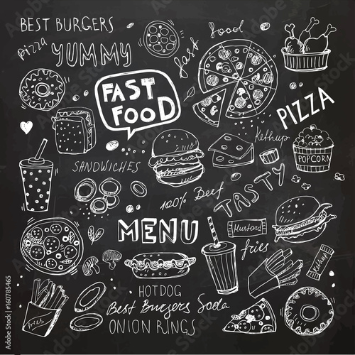 Fast food doodles. Hand drawn vector symbols and objects photo