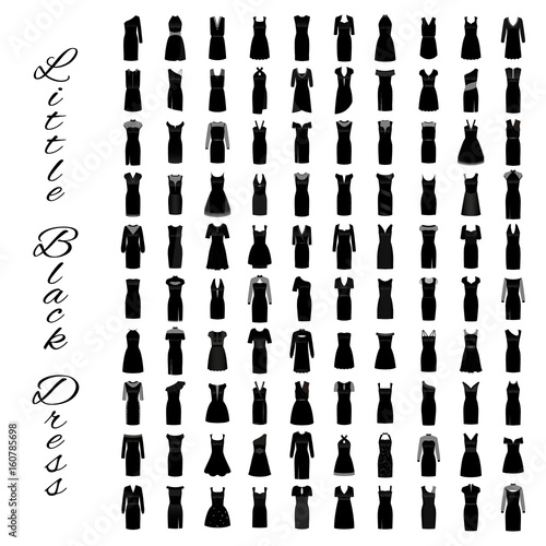 Fashion little black dresses. Big collection of 100 evening gowns. One hundred cocktail woman cloth shopping.