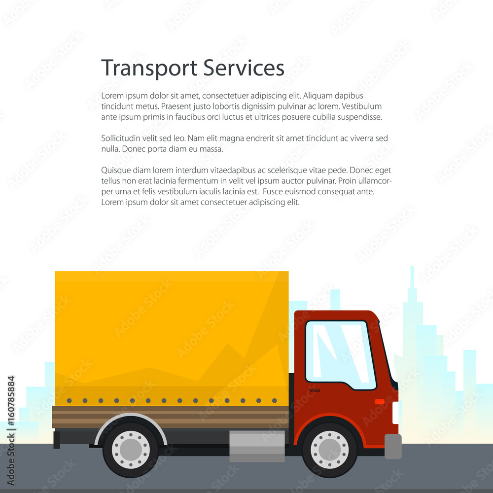 Flyer Transportation and Cargo Services, Red Orange Cargo Delivery Truck on the Background of the City and Text, Poster Shipping and Freight of Goods, Brochure Design, Vector Illustration Flyer Transportation and Cargo Services, Red Orange Cargo Delivery Truck on the Background of the City and Text, Poster Shipping and Freight of Goods, Brochure Design, Vector Illustration