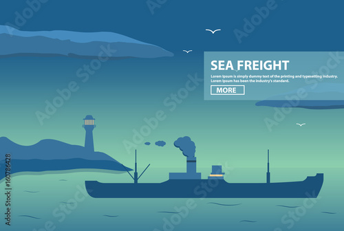 Night landscape with the cargo steamship in the harbor sea with the freighter with a pipe from which goes smoke at sunset and the beacon on the horizon in flat style a vector
cargo steamer