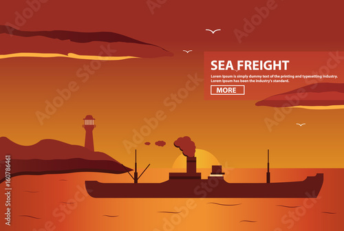 The landscape sea with the freighter with a pipe from which goes smoke at sunset and the beacon on the horizon in flat style a vector
cargo steamer