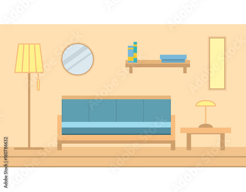 Interior state muddy with parquet floors with furniture a sofa and a floor lamp in flat style a vector
