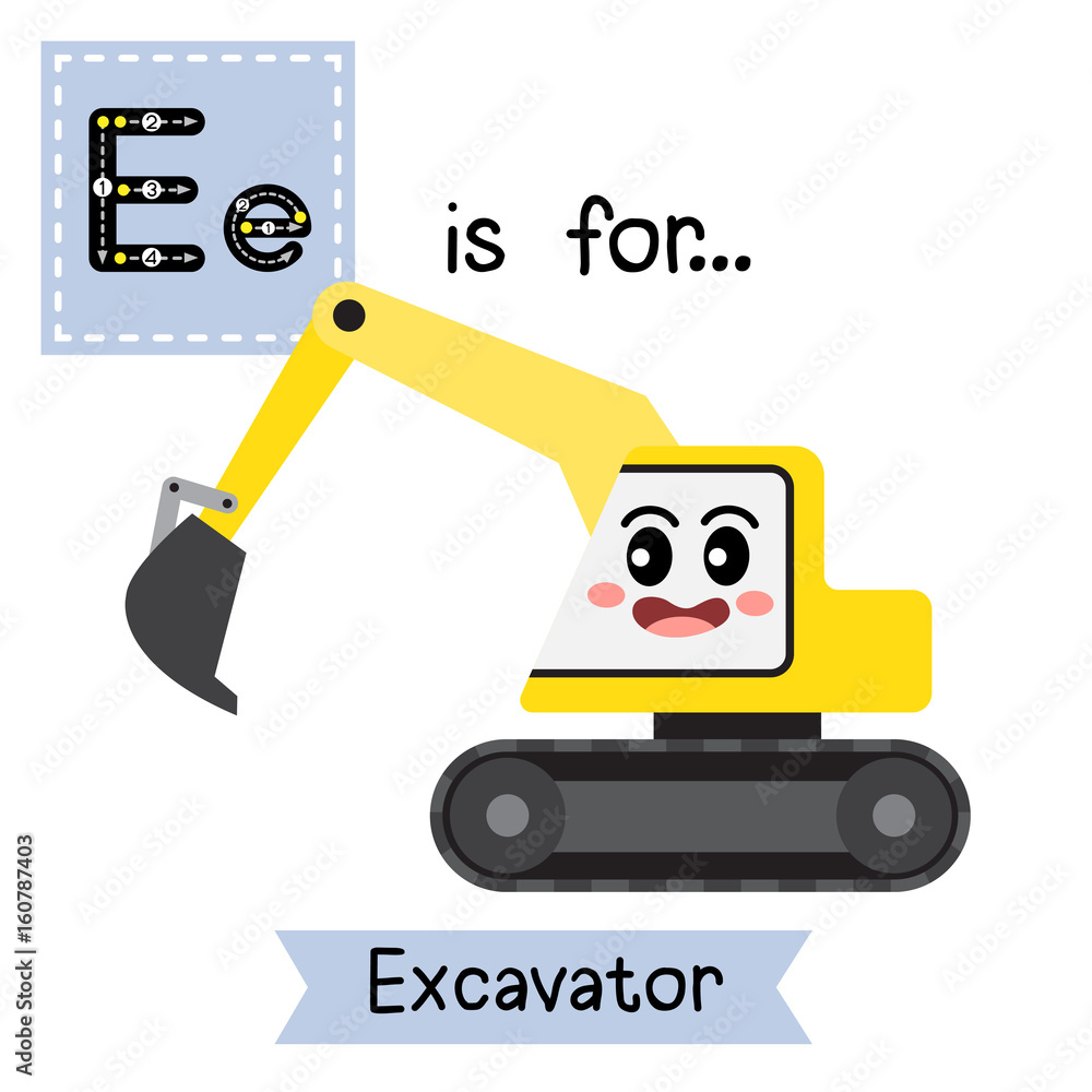 Letter E cute children colorful transportations alphabet tracing