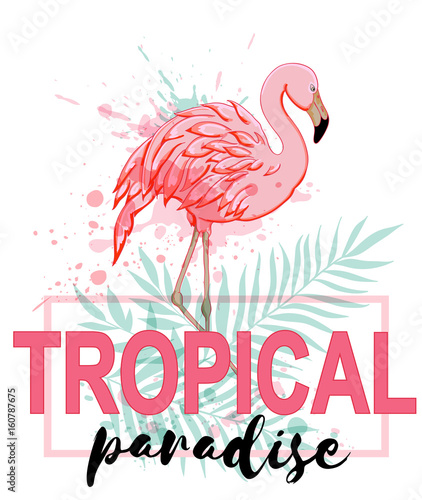 Pink flamingo and green palm leaves