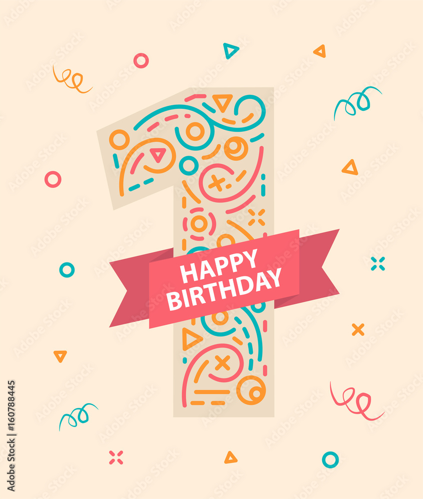 Happy birthday number 1 Greeting card for one year Stock Photo | Adobe