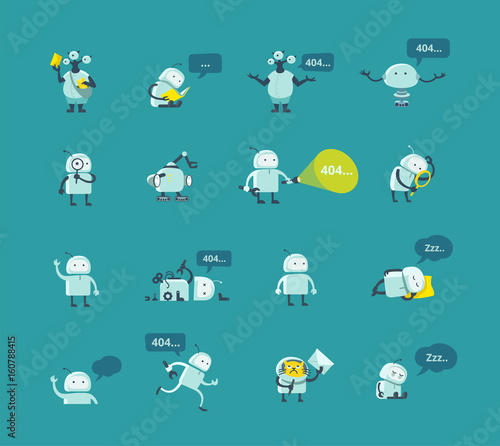 Character robot set Different situations. 404 error page not found funny repairs. Vector Icons.