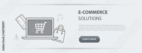 Flat line illustration business concept web banner of e-commerce solutions company site services, online shopping, store, provision services, digital data transmission for websites and marketing