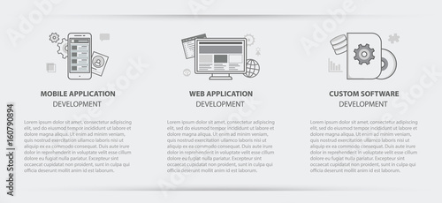 Flat line illustration business concept menu banner set of web application development, application development and custom software development company site services for websites on background