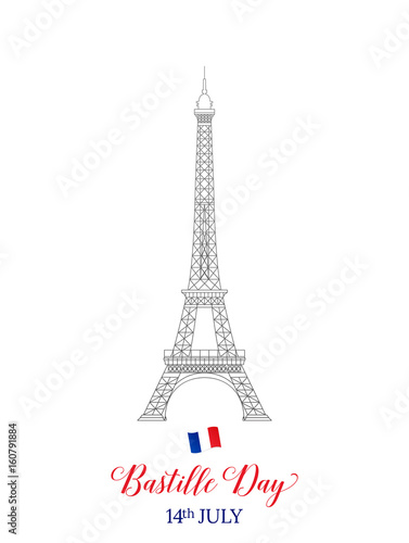 Bastille Day 14 July . French Eiffel Tower typography and flag.