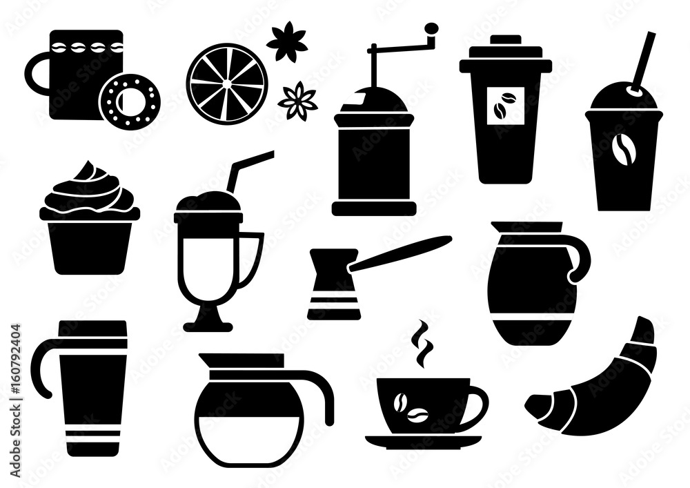 Black and white set on coffee theme, flat design, vector illustration Black and white set on coffee theme, flat design, vector illustration