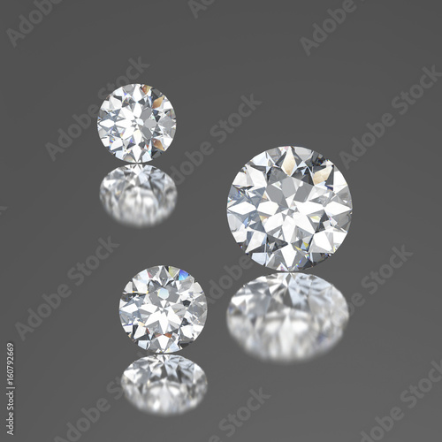 3D illustration three diamonds with reflection on a gray background.