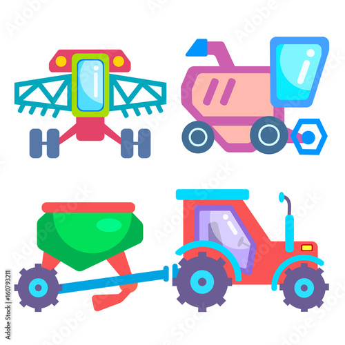 Agricultural machines. Combine harvester, tractor and seeding machines.
