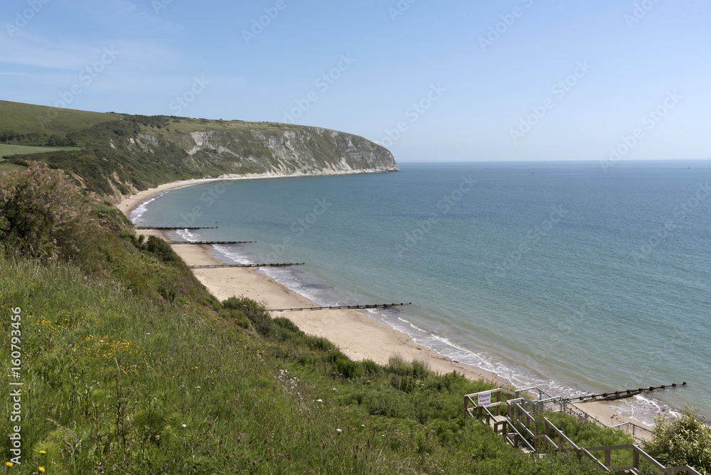 Swanage Bay Jurassic coastline looking towards Ballard Cliff and Ballard Point. Dorset England UK