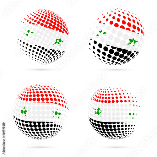 Syria halftone flag set patriotic vector design. 3D halftone sphere in Syria national flag colors isolated on white background.