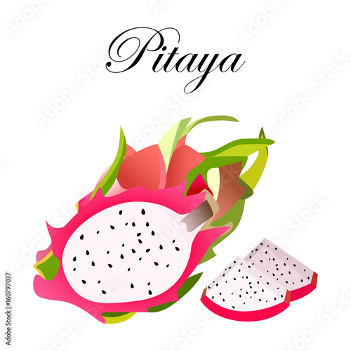 Pitaya Sketch of tropical dragon fruit. Exotic pink pitahaya fruit with green leaves on the top. Tropical cocktail recipe, juice dessert smoothie packaging pitaya design