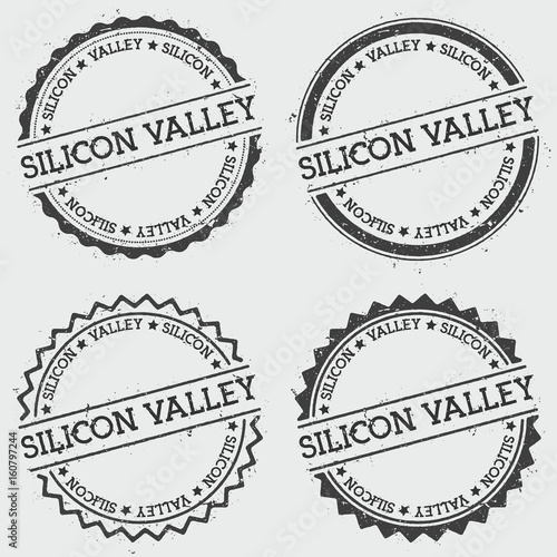Silicon Valley insignia stamp isolated on white background. Grunge round hipster seal with text, ink texture and splatter and blots, vector illustration.