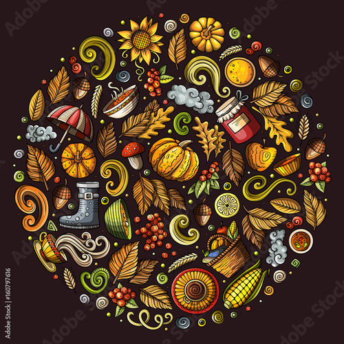 Autumn cartoon doodle objects, symbols and items