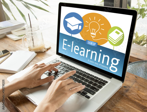 Plakat hand typing on computer keyboard with E-learning Education on screen. internet online study concept.