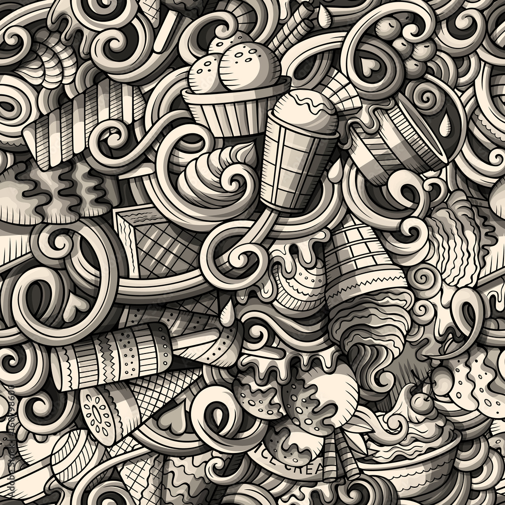 Cartoon hand-drawn ice cream doodles seamless pattern Cartoon hand-drawn ice cream doodles seamless pattern