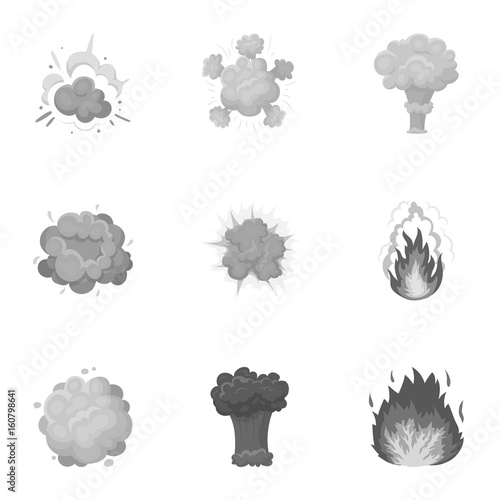 A set of icons about the explosion. Various explosions, a cloud of smoke and fire.Explosions icon in set collection on monochrome style vector symbol stock illustration.