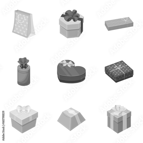 A set of pictures gifts. Gifts for different holidays, surprises. Gift packaging.Gifts and cert icon in set collection on monochrome style vector symbol stock illustration.