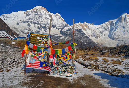 Snow Mountain Landscape in Himalaya. Annapurna South peak, Annapurna Base Camp board. photo