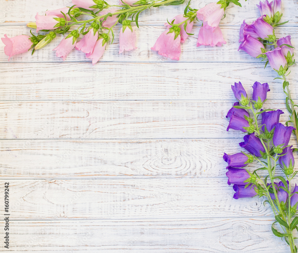 Beautiful floral frame with pink and purple bell flowers over wood, flat lay Beautiful floral frame with pink and purple bell flowers over wood, flat lay