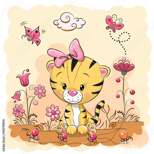 Cute Cartoon Tiger on a meadow