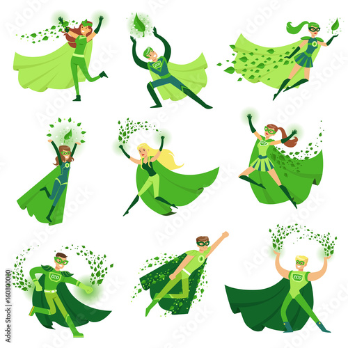 ECO superhero characters in action set, young men and women in green capes vector Illustrations