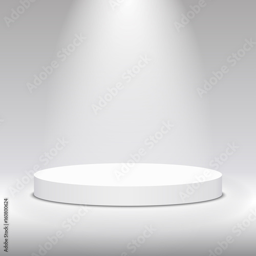 Round white stage podium illuminated with light. Stage vector backdrop. Festive podium scene for award ceremony on white, grey background. Vector white pedestal for product presentation.  photo